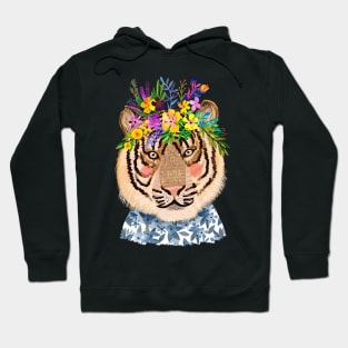 Tiger with Flower Crown, Wild Animal in Nature Hoodie